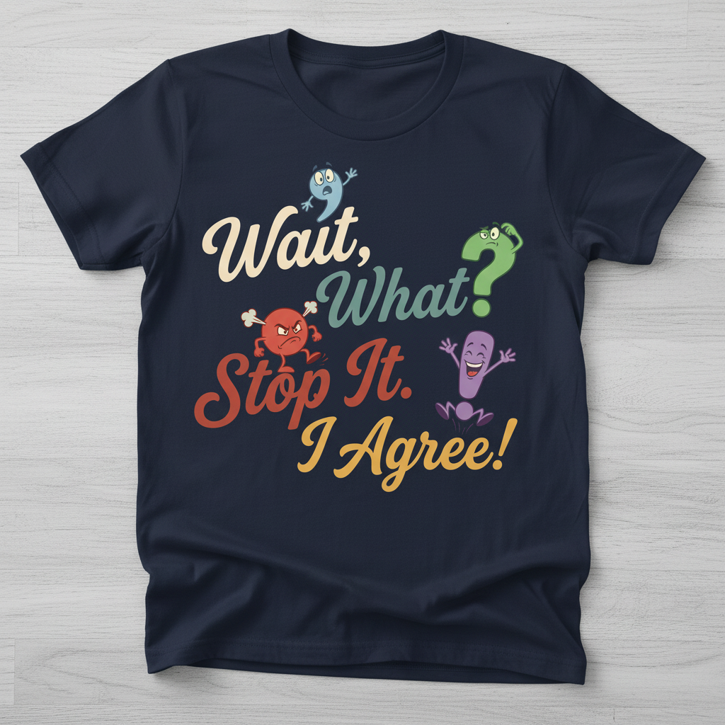 Wait What Stop It I Agree Funny Punctuation Humor T-Shirt - Navy