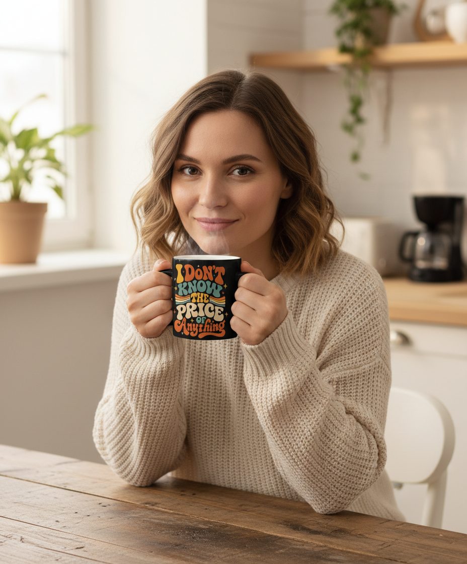I DON'T KNOW THE PRICE OF Anything Black Mug - lifestyle model mockup - Black