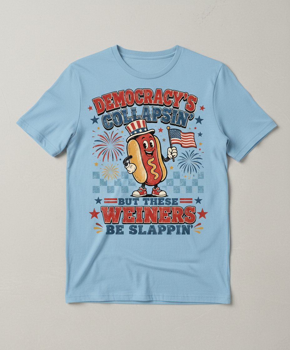 Democracy's Collapsin' but These Weiners Be Slappin' Funny 4th T-Shirt - product mockup - Light Blue