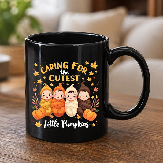 Caring for the Cutest Little Pumpkins swaddled babies Black Mug Black product mockup