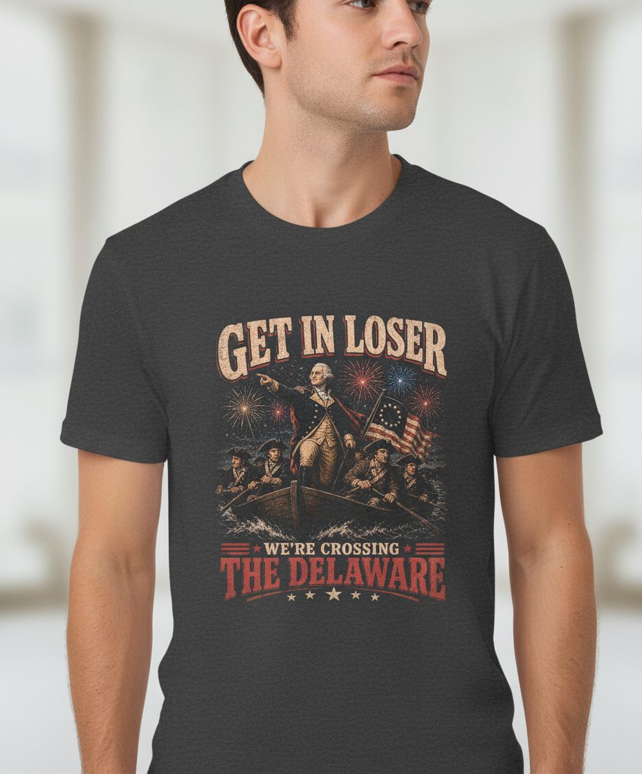 GET IN LOSER WE'RE Crossing THE Delaware T-Shirt - product mockup - Dark Heather