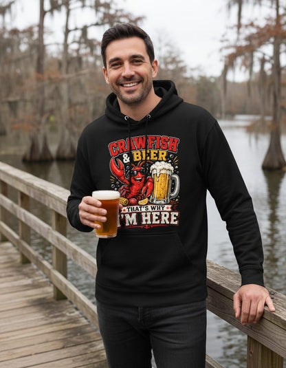 Crawfish & Beer That's Why I'm Here Funny Boil Hoodie - lifestyle model mockup - Black