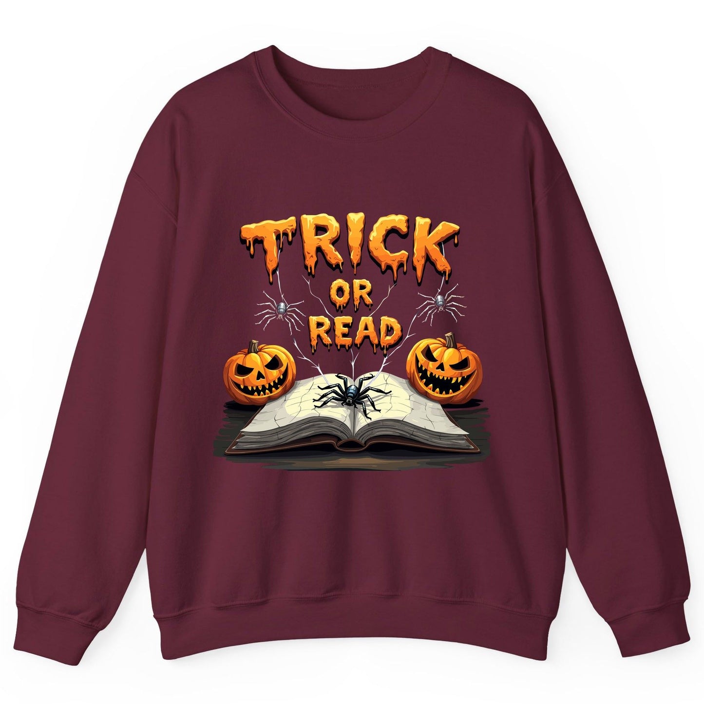 Trick or Read Halloween reading Sweatshirt Maroon product mockup