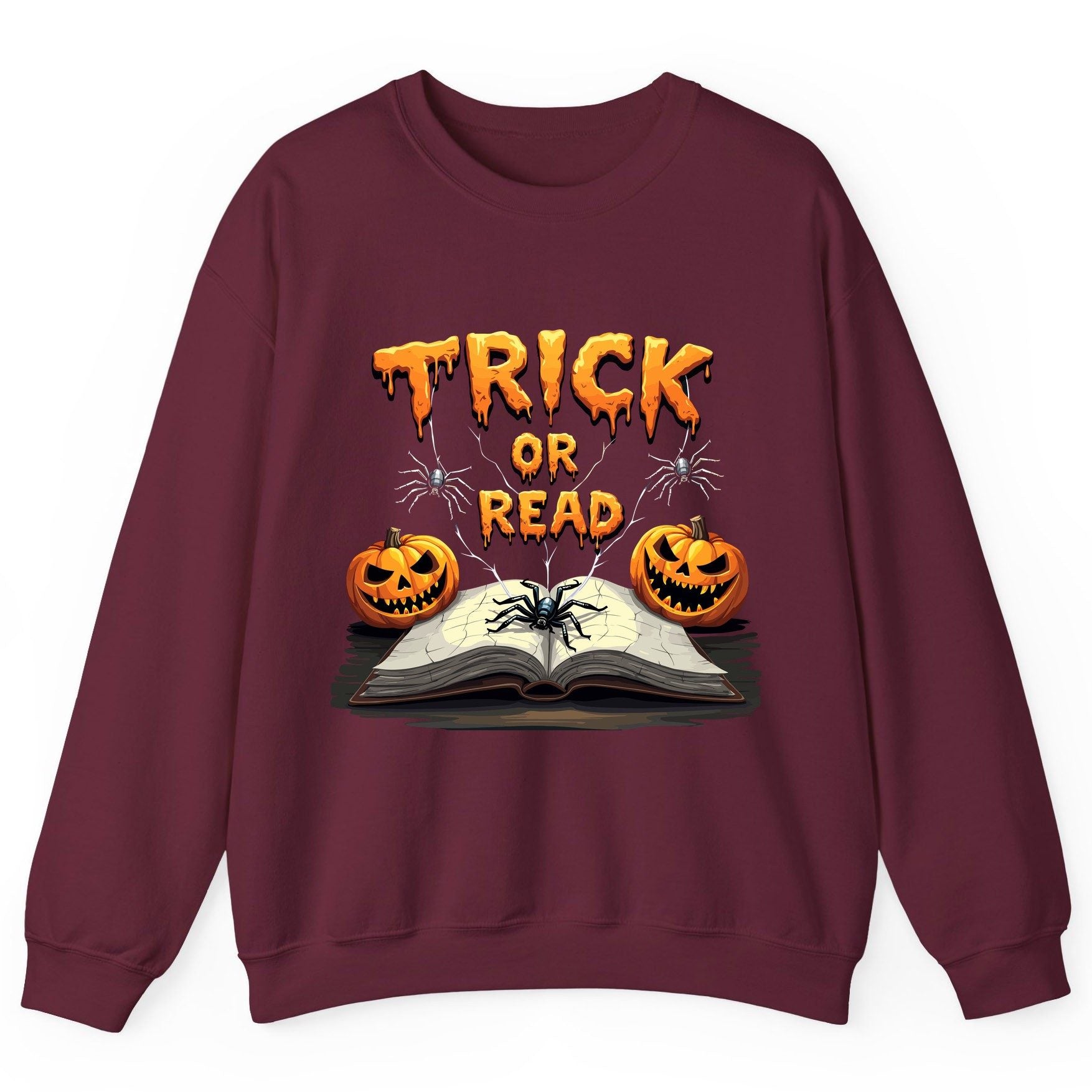 Trick or Read Halloween reading Sweatshirt Maroon product mockup