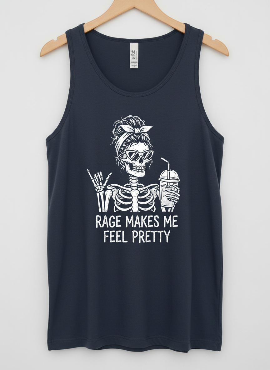 Rage Makes Me Feel Pretty Skeleton Messy Bun Tank Top - Navy