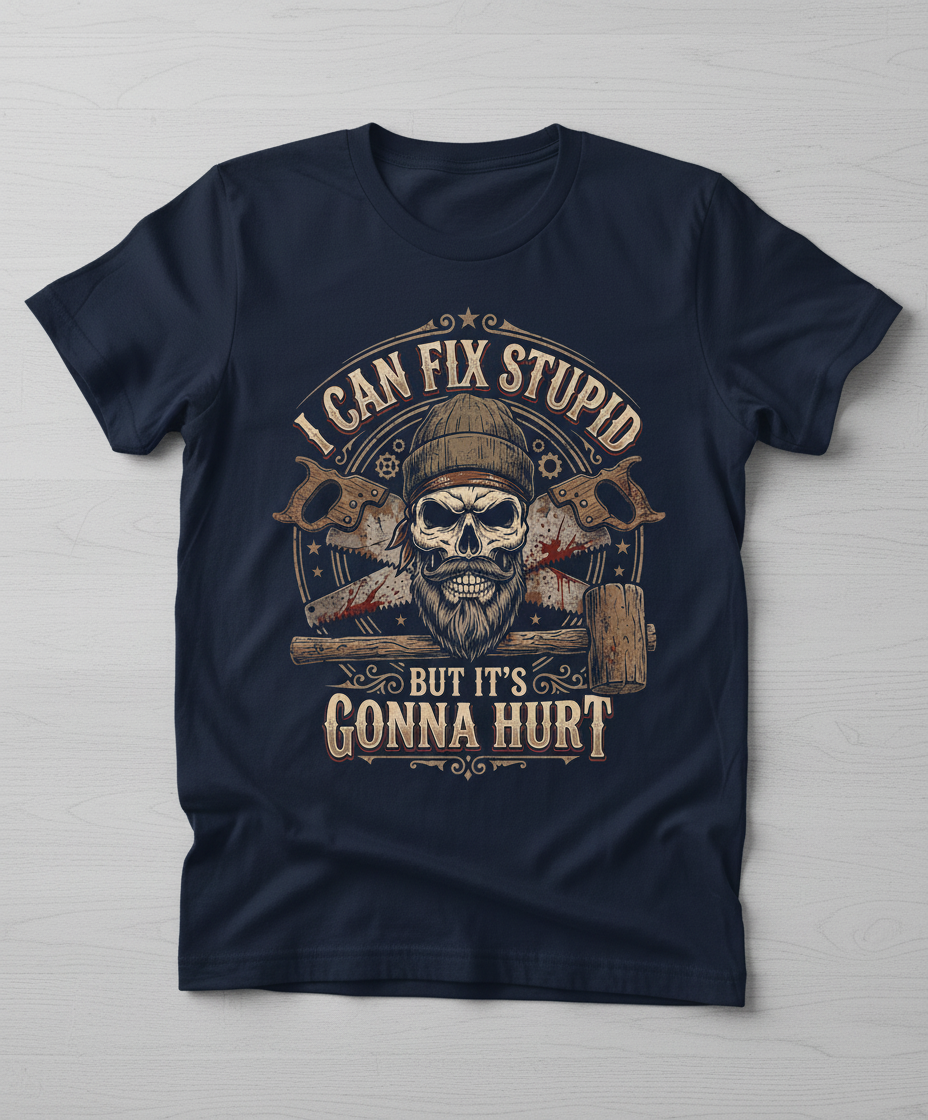 I Can Fix Stupid But It's Gonna Hurt Skull and Saws T-Shirt - Navy