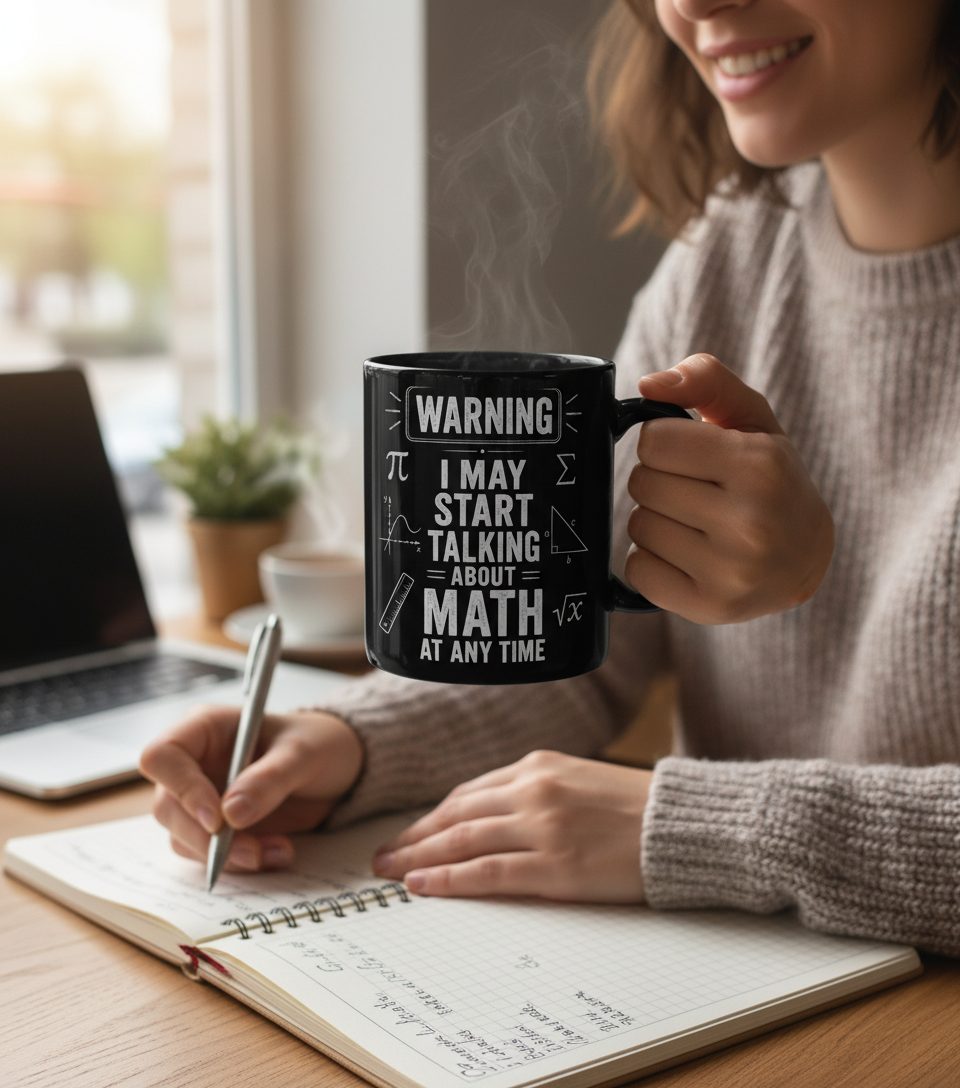 Warning I May Start Talking About Math at Any Time Funny Teachers Black Mug - lifestyle model mockup - Black