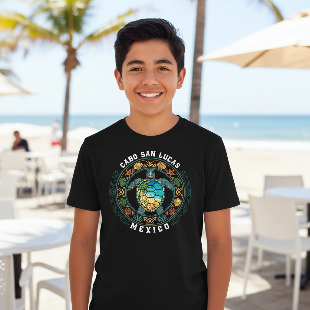 Cabo San Lucas Mexico sea turtle Youth T-Shirt Black lifestyle mockup