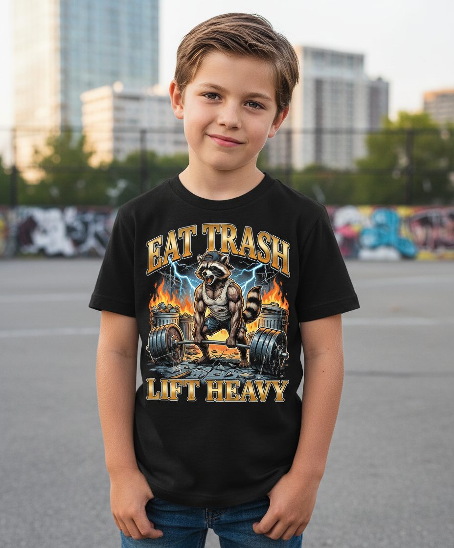 Eat Trash Lift Heavy raccoon Youth T-Shirt Black lifestyle mockup