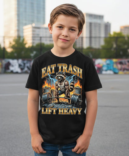 Eat Trash Lift Heavy raccoon Youth T-Shirt Black lifestyle mockup