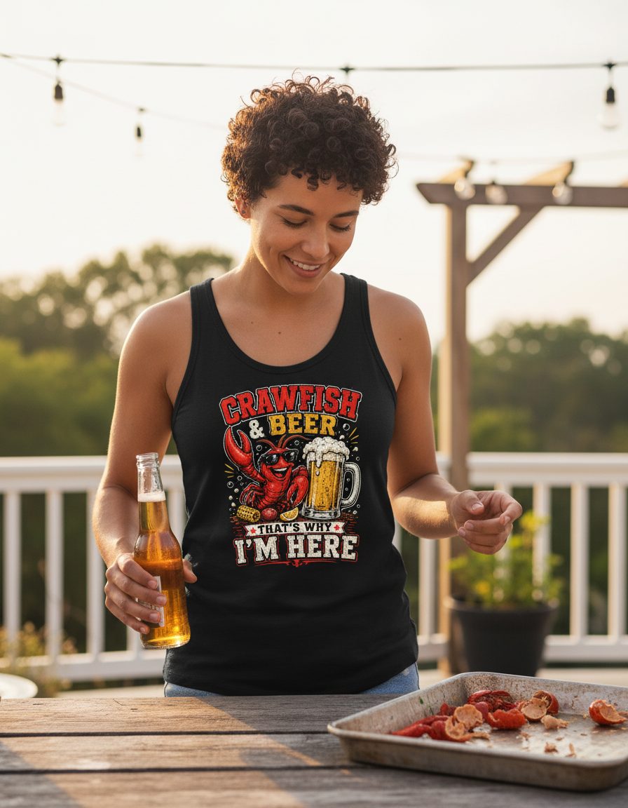 Crawfish & Beer That's Why I'm Here Funny Boil Tank Top - lifestyle model mockup - Black