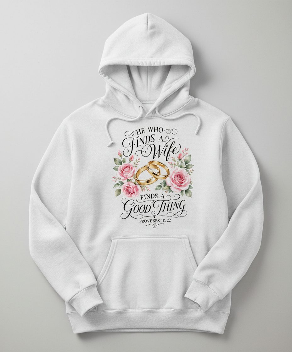 He Who Finds a Wife Finds a Good Thing Proverbs 18 22 Hoodie - product mockup - White