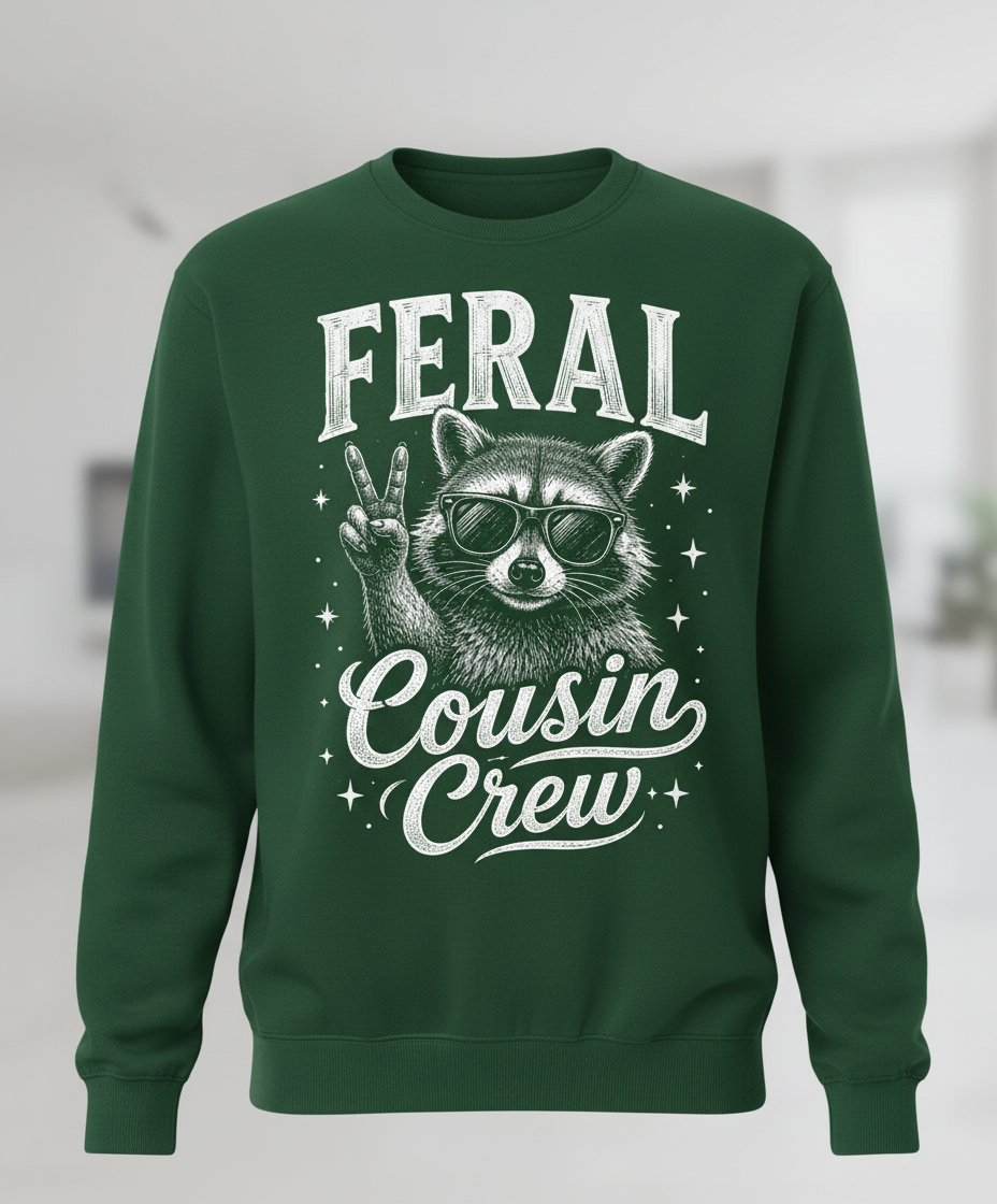 Feral Cousin Crew Raccoon T-Shirt Sweatshirt - Forest Green