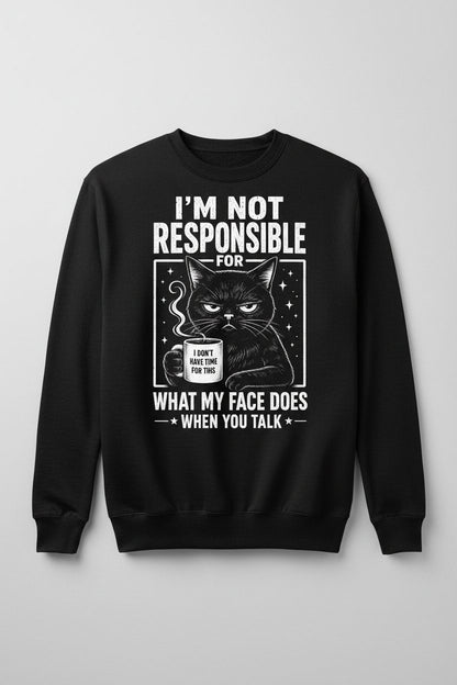 I'm Not Responsible for What My Face Does When You Talk Funny Sarcastic Cat Sweatshirt - product mockup - Black