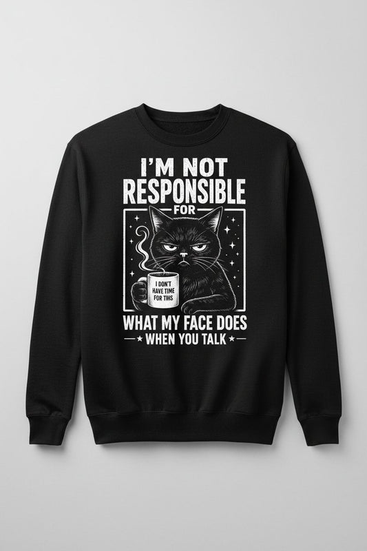 I'm Not Responsible for What My Face Does When You Talk Funny Sarcastic Cat Sweatshirt - product mockup - Black