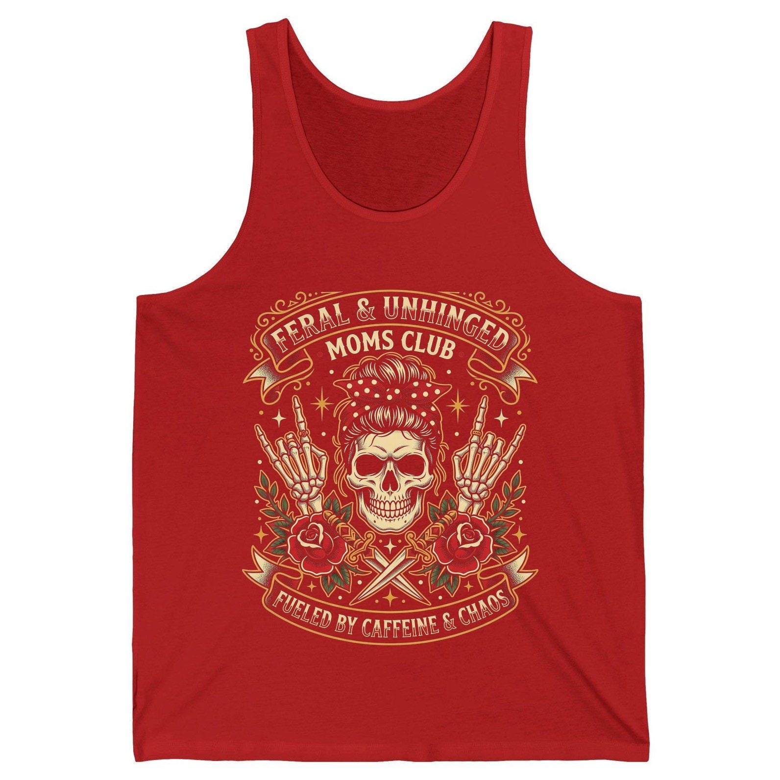 Feral & Unhinged Moms Club Fueled by Caffeine & Chaos Tank Top - product mockup - Red