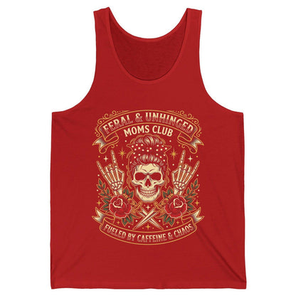 Feral & Unhinged Moms Club Fueled by Caffeine & Chaos Tank Top - product mockup - Red