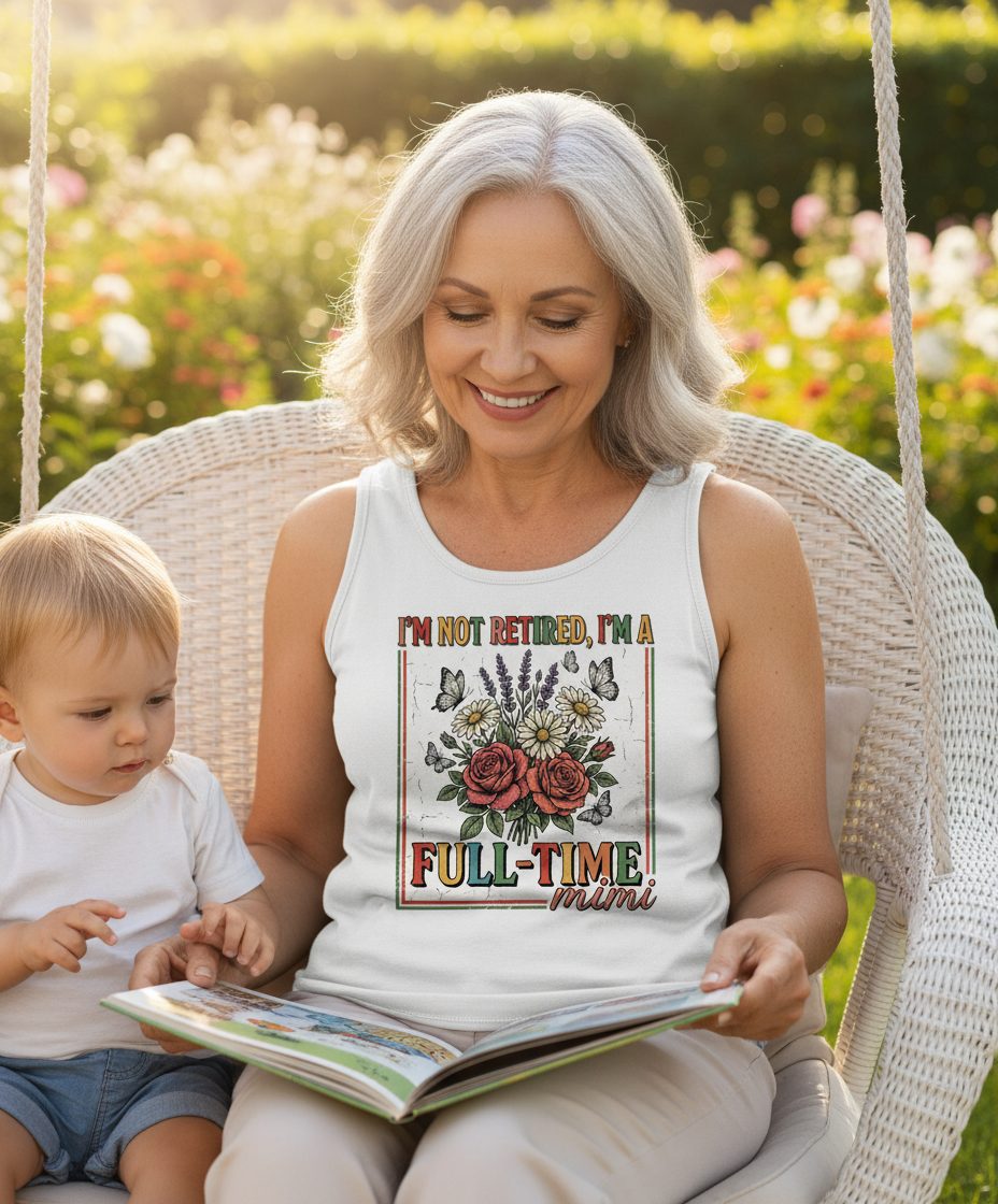 I'M NOT Retired I'M a Full-Time Mimi Retro Grandmother Tank Top - lifestyle model mockup - White