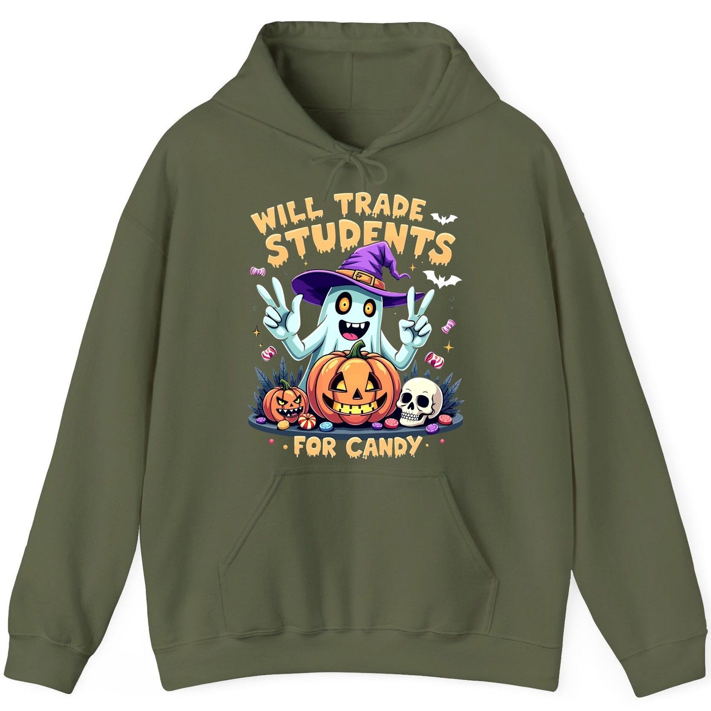 Will Trade Students for Candy teacher humor Hoodie Military Green product mockup
