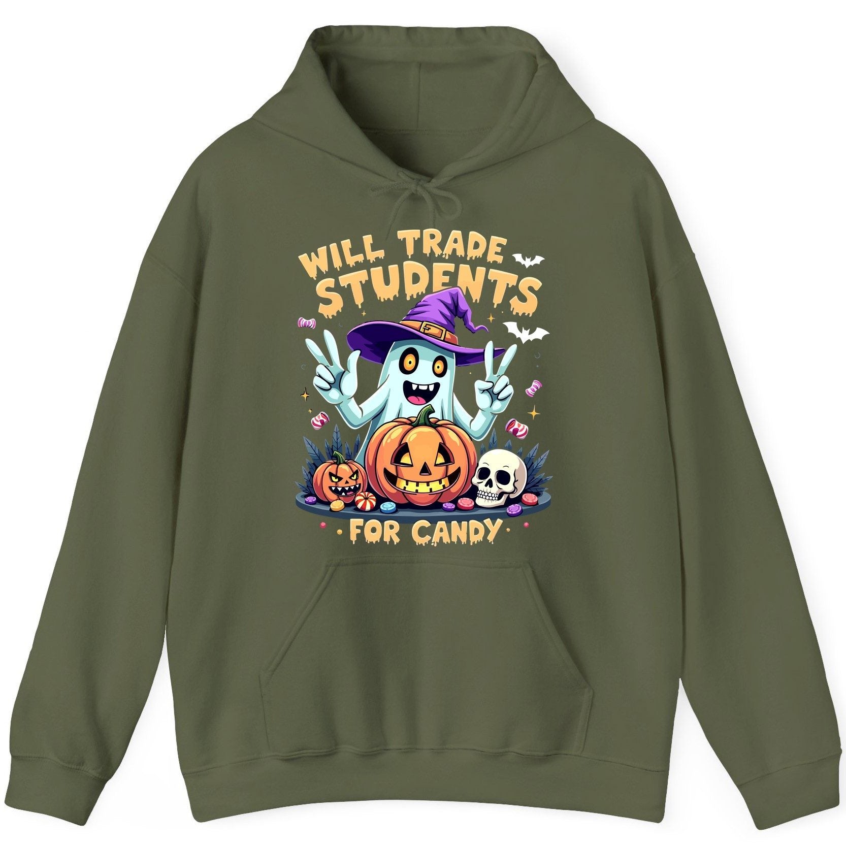 Will Trade Students for Candy teacher humor Hoodie Military Green product mockup