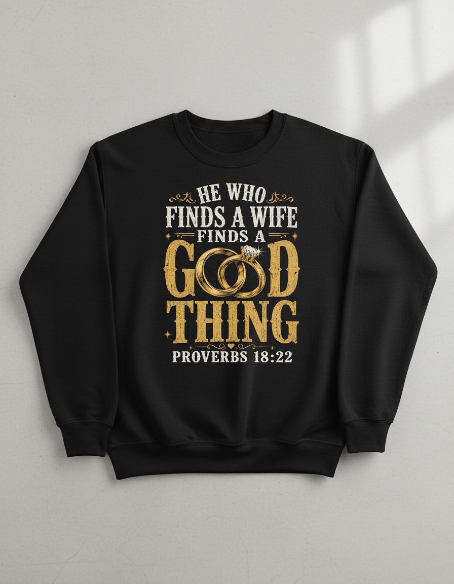 He Who Finds a Wife Finds a Good Thing Proverbs 18 22 Sweatshirt - product mockup - Black
