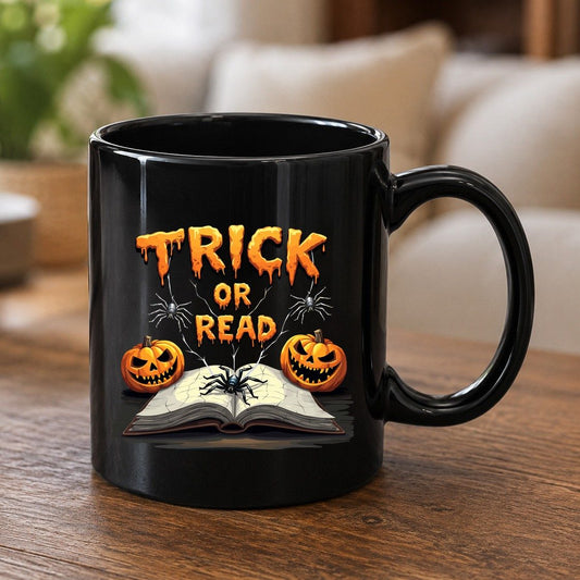 Trick or Read Halloween reading Black Mug Black product mockup