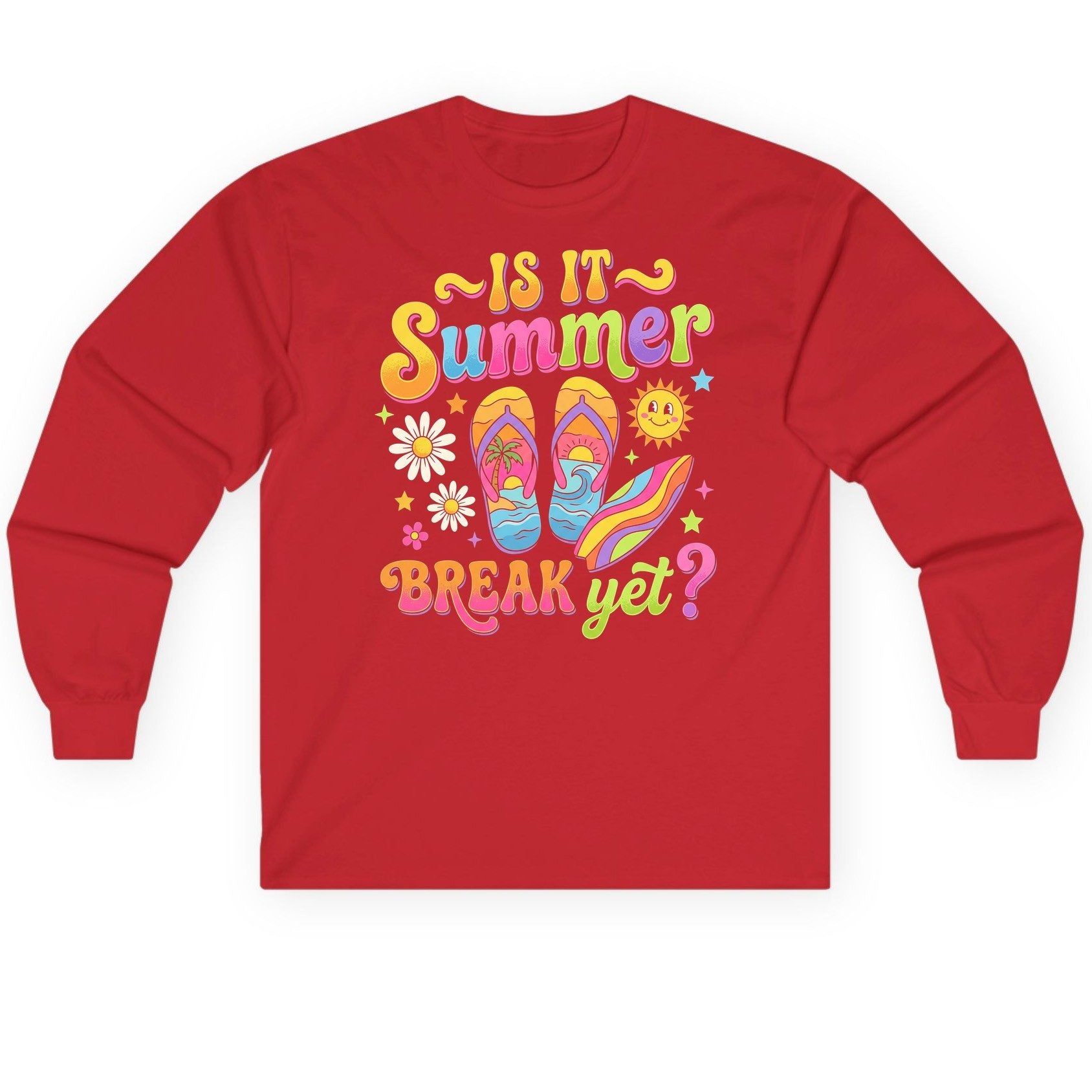 Is It Summer Break Yet Retro Vacation Long Sleeve Tee - product mockup - Red