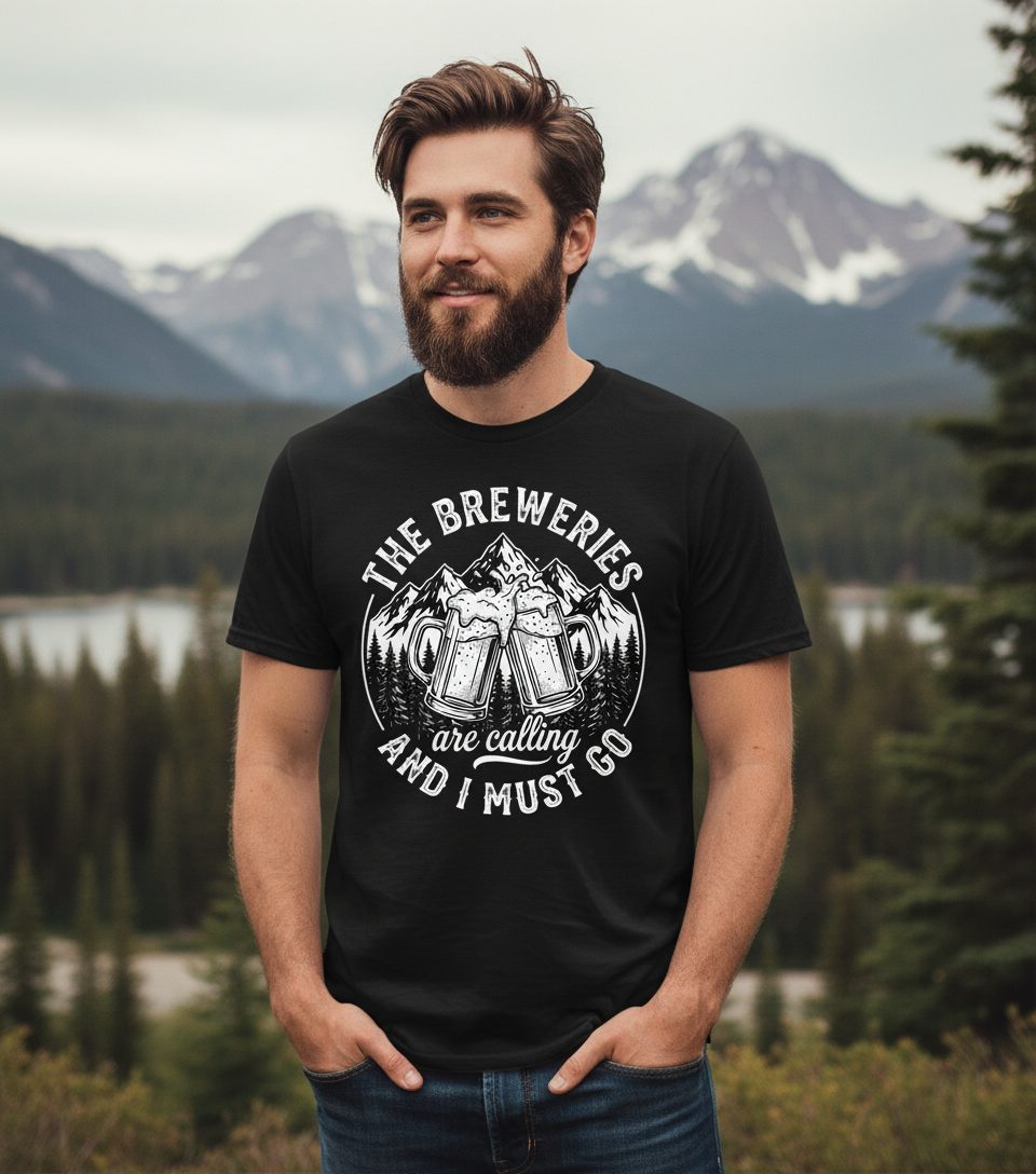 THE Breweries Are Calling AND I MUST GO Funny Craft Beer T-Shirt - lifestyle model mockup - Black