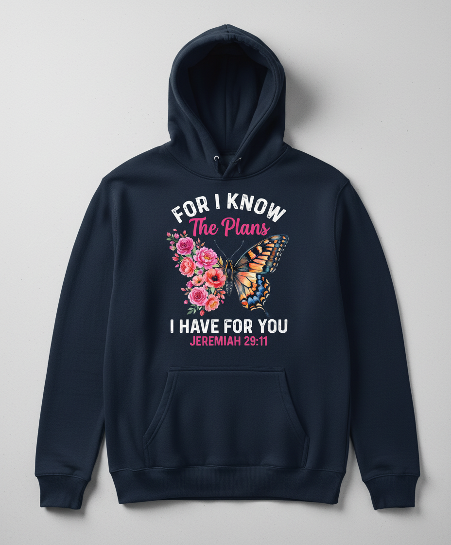 Jeremiah 29:11 Butterfly Floral Christian Verse Hoodie - Navy