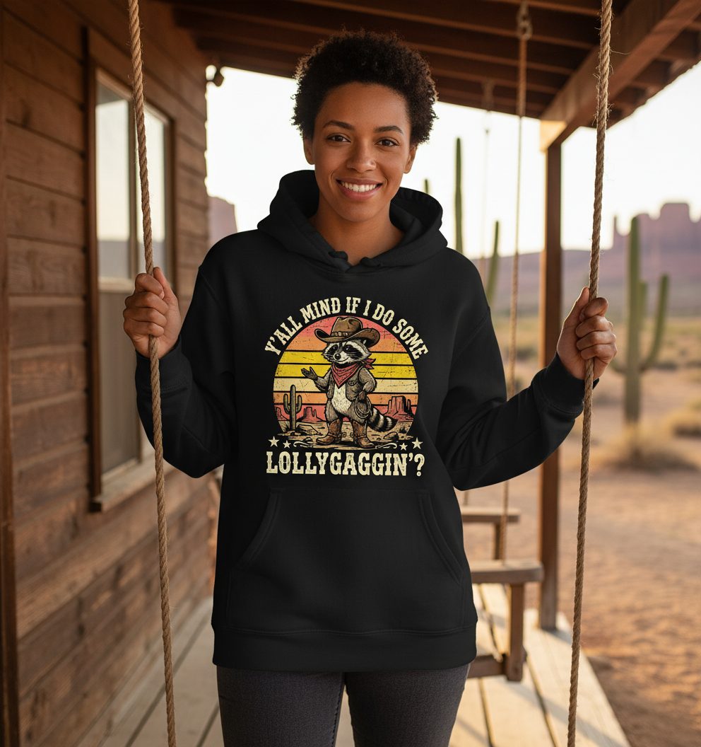Y'ALL MIND IF I DO SOME Lollygaggin' Funny Cowboy Raccoon Hoodie - lifestyle model mockup - Black