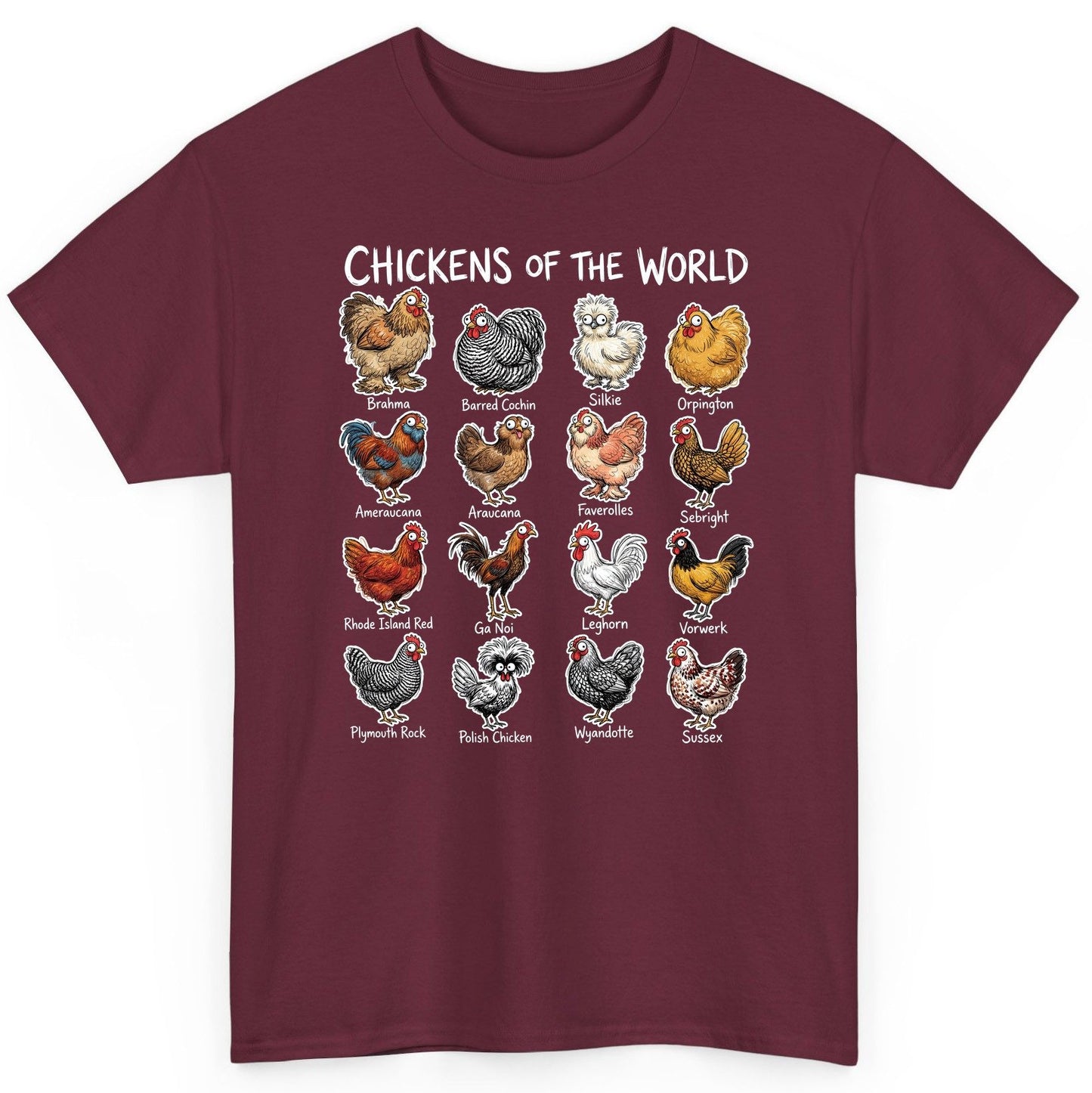 Chickens of the World chicken breeds T-Shirt Maroon product mockup