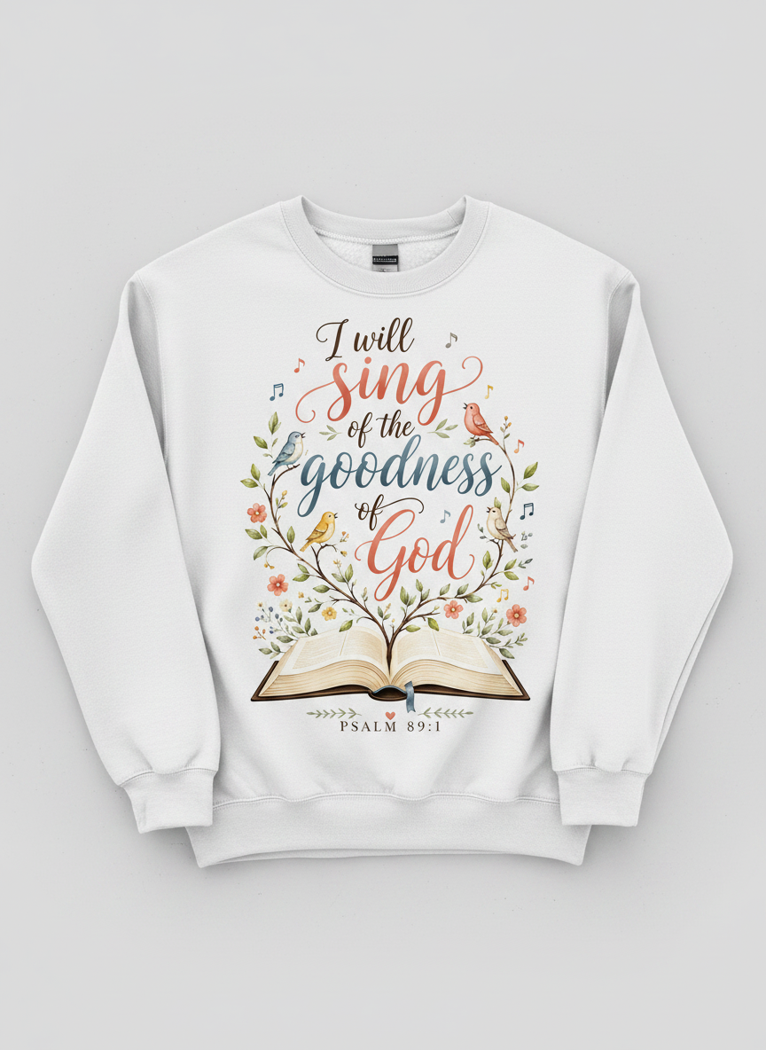 I Will Sing of the Goodness of God Psalm 89:1 Christian Verse Sweatshirt - White