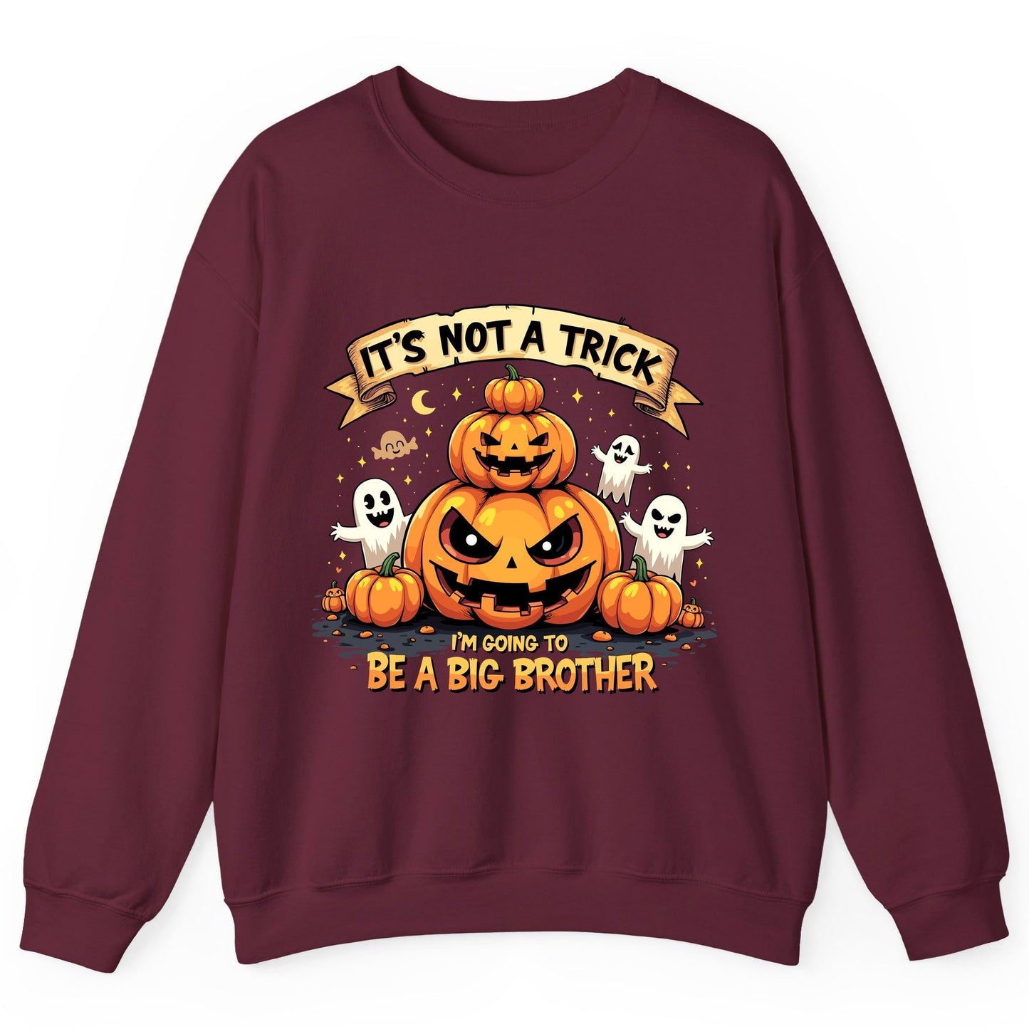 It's Not a Trick I'm Going to Be a Big Brother Halloween pregnancy announcement Sweatshirt Maroon product mockup