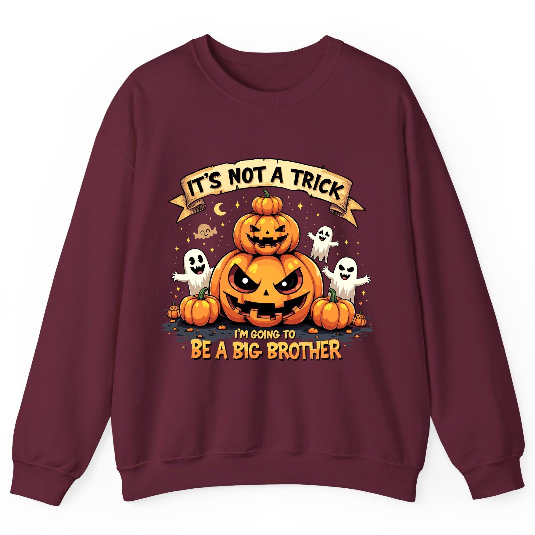It's Not a Trick I'm Going to Be a Big Brother Halloween pregnancy announcement Sweatshirt Maroon product mockup