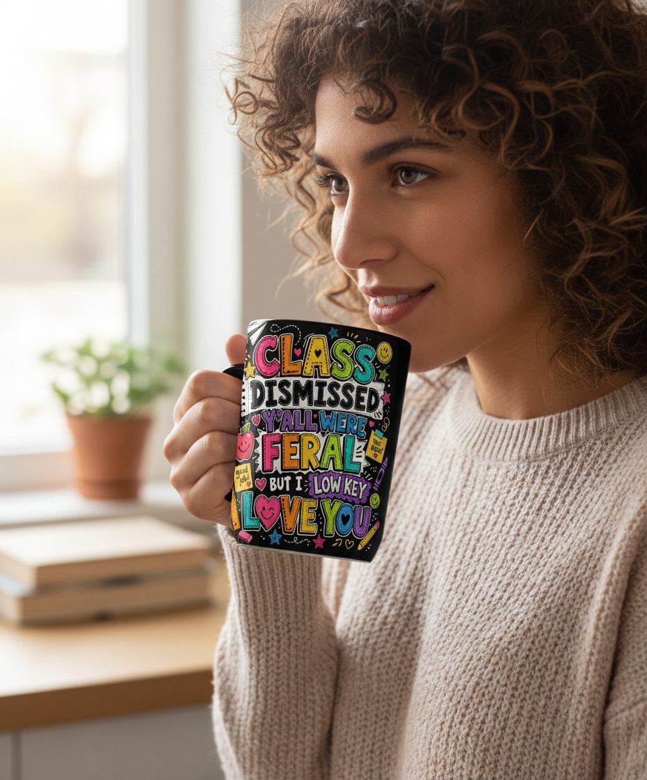Class Dismissed Y'all Were Feral but I Low Key Love You Black Mug - lifestyle model mockup - Black