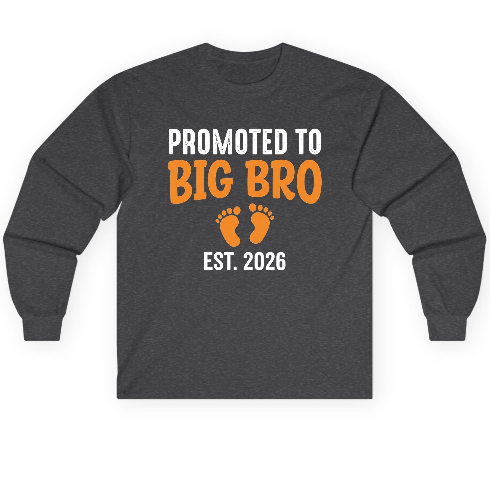 Promoted TO BIG BRO EST 2026 Pregnancy Announcement Long Sleeve Tee - product mockup - Dark Heather