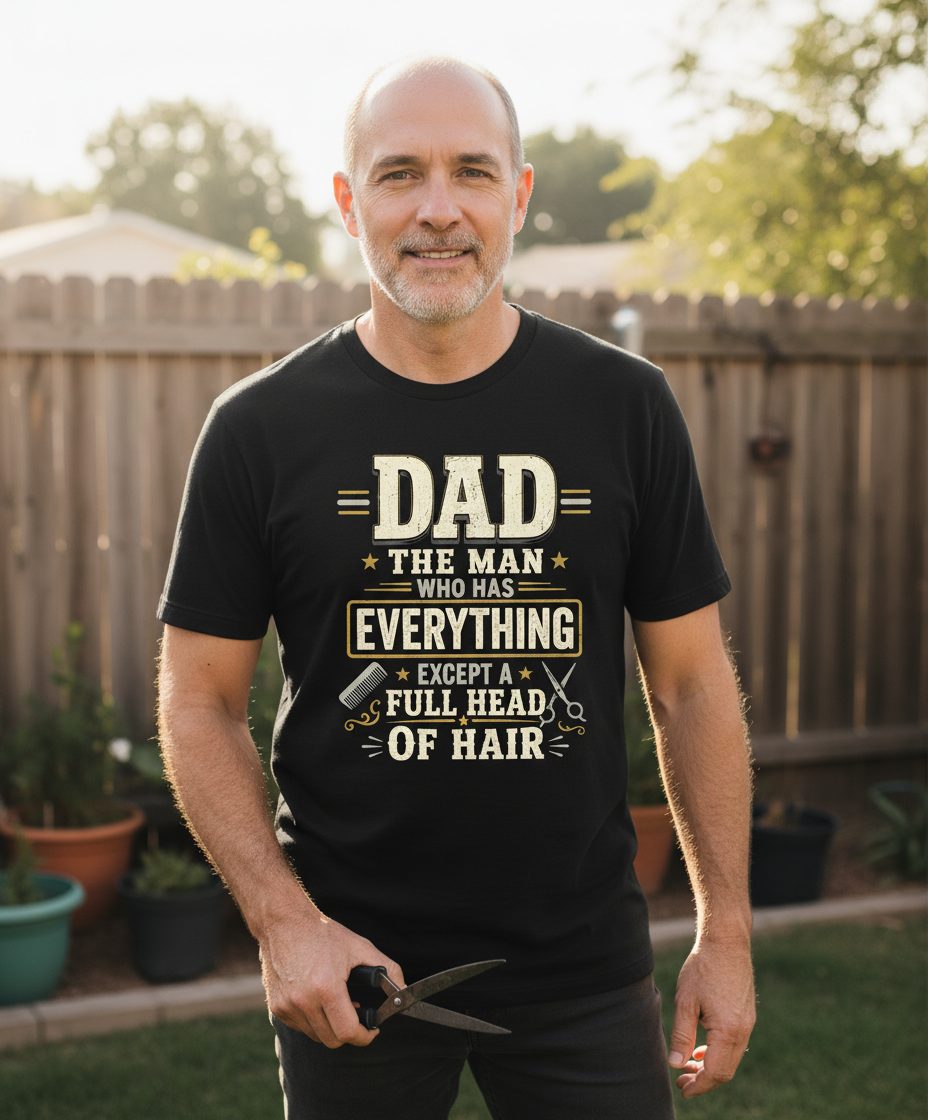 Dad the Man Who Has Everything Except a Full Head of Hair Funny T-Shirt - lifestyle model mockup - Black
