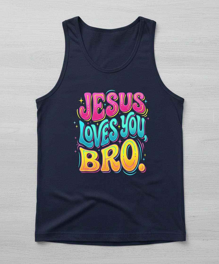 JESUS LOVES YOU BRO Retro Christian Tank Top - product mockup - Navy