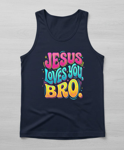 JESUS LOVES YOU BRO Retro Christian Tank Top - product mockup - Navy