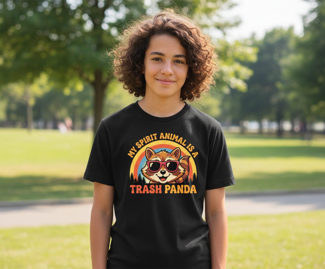 My Spirit Animal Is a Trash Panda raccoon Youth T-Shirt Black lifestyle mockup