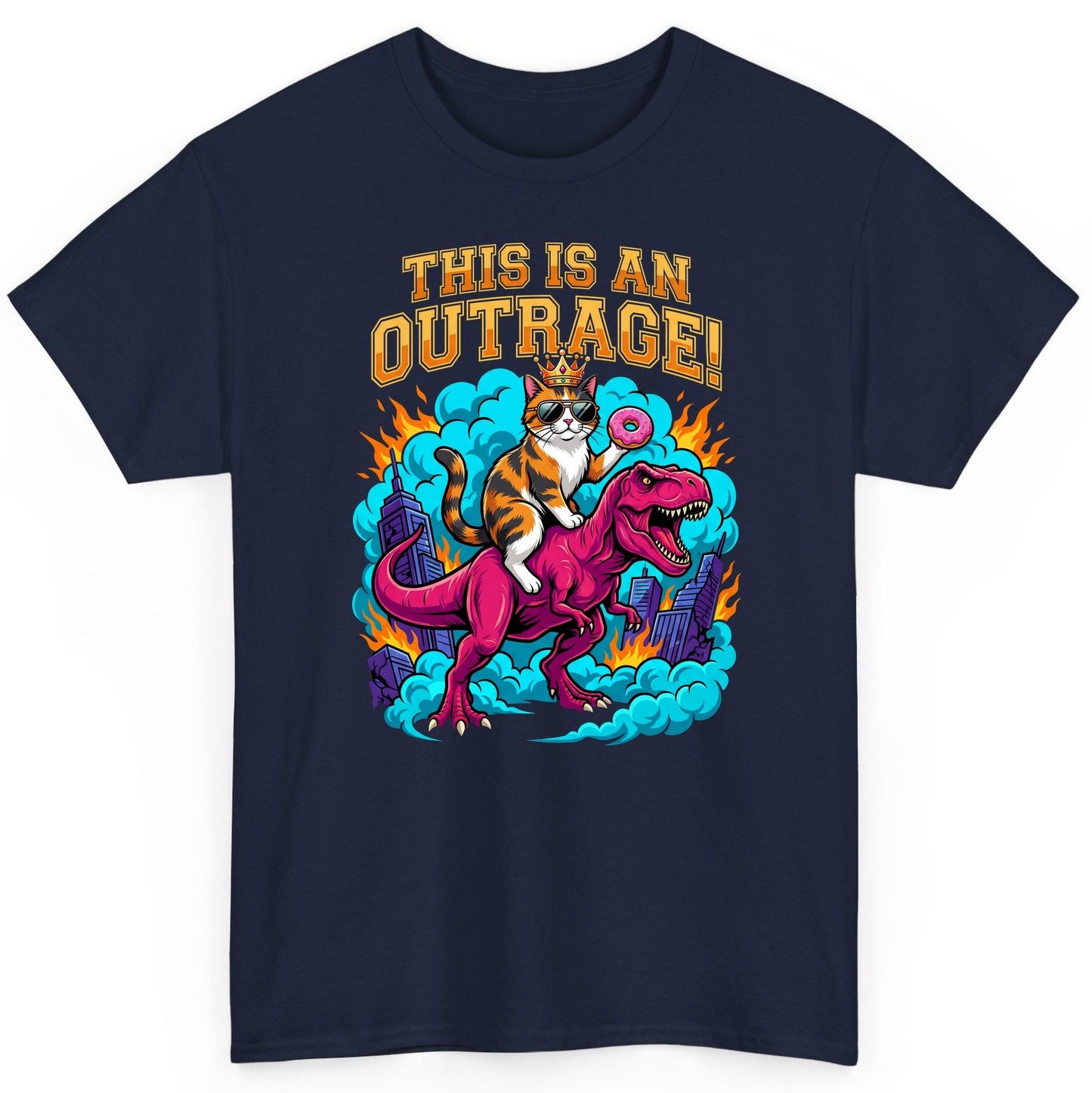 THIS IS AN OUTRAGE! Cat riding a T-Rex T-Shirt Navy product mockup