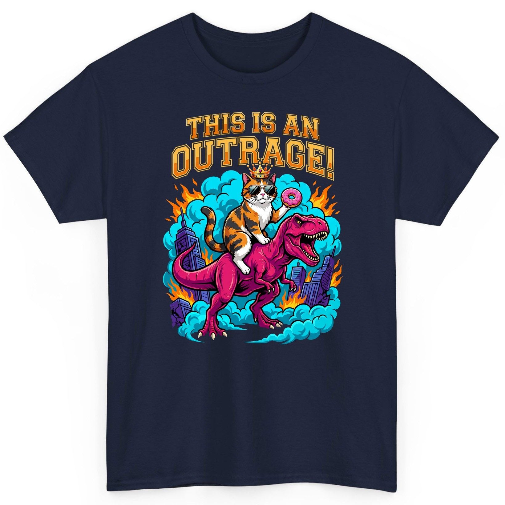 THIS IS AN OUTRAGE! Cat riding a T-Rex T-Shirt Navy product mockup