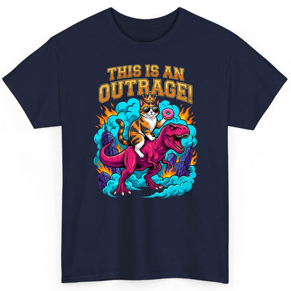 THIS IS AN OUTRAGE! Cat riding a T-Rex T-Shirt Navy product mockup
