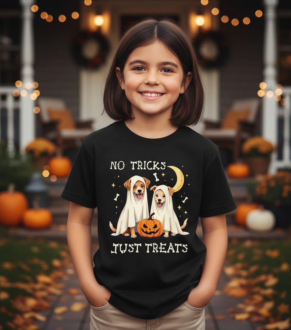 No Tricks Just Treats Halloween dogs Youth T-Shirt Black lifestyle mockup