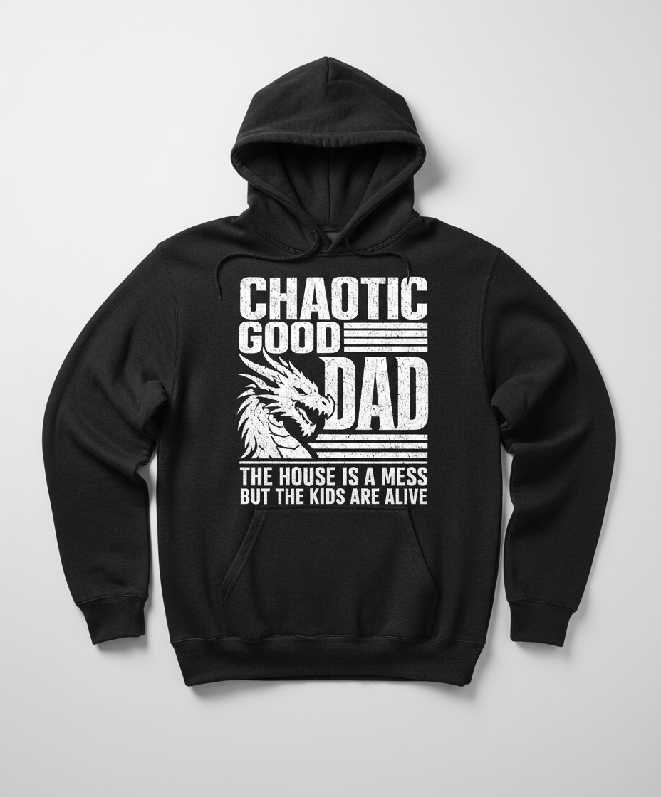 CHAOTIC GOOD DAD THE HOUSE IS A MESS BUT THE KIDS ARE ALIVE Funny Chaotic Good Dad Dragon Hoodie - product mockup - Black