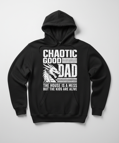 CHAOTIC GOOD DAD THE HOUSE IS A MESS BUT THE KIDS ARE ALIVE Funny Chaotic Good Dad Dragon Hoodie - product mockup - Black