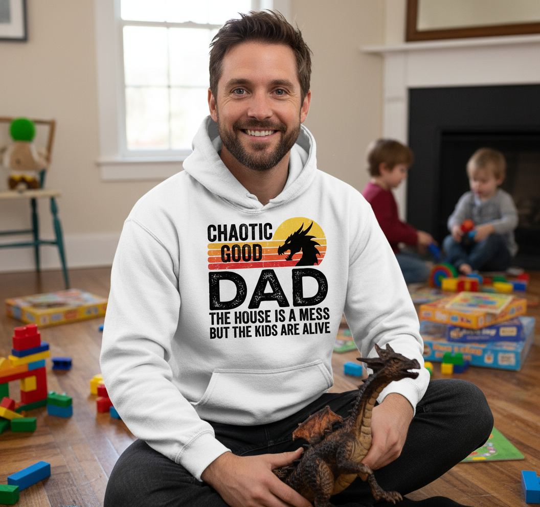 CHAOTIC GOOD DAD THE HOUSE IS A MESS BUT THE KIDS ARE ALIVE Funny Chaotic Good Dad Dragon Hoodie - lifestyle model mockup - White
