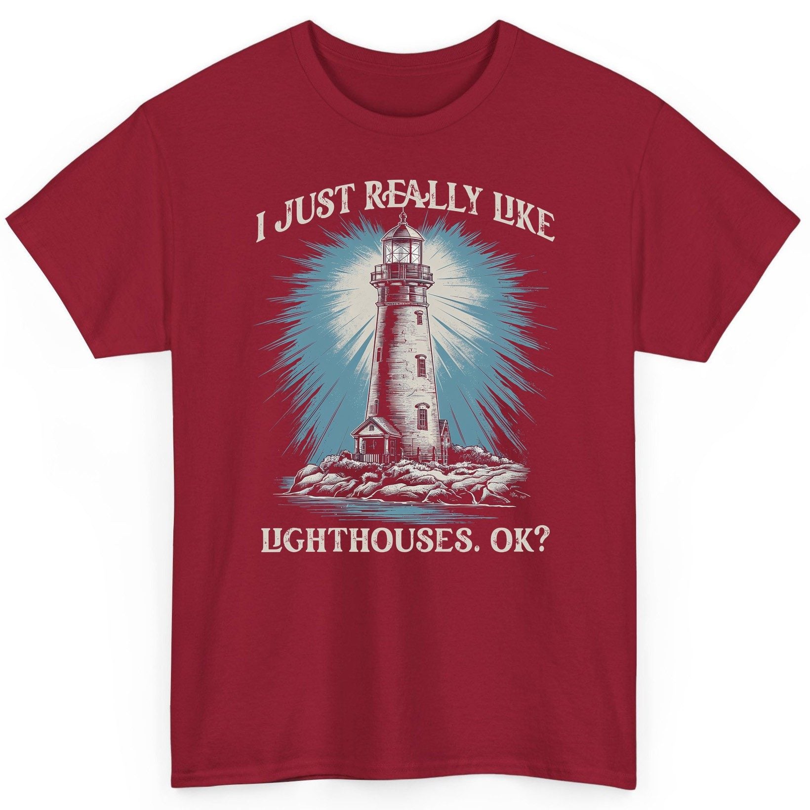 I Just Really Like Lighthouses, Ok? lighthouse T-Shirt Cardinal Red product mockup