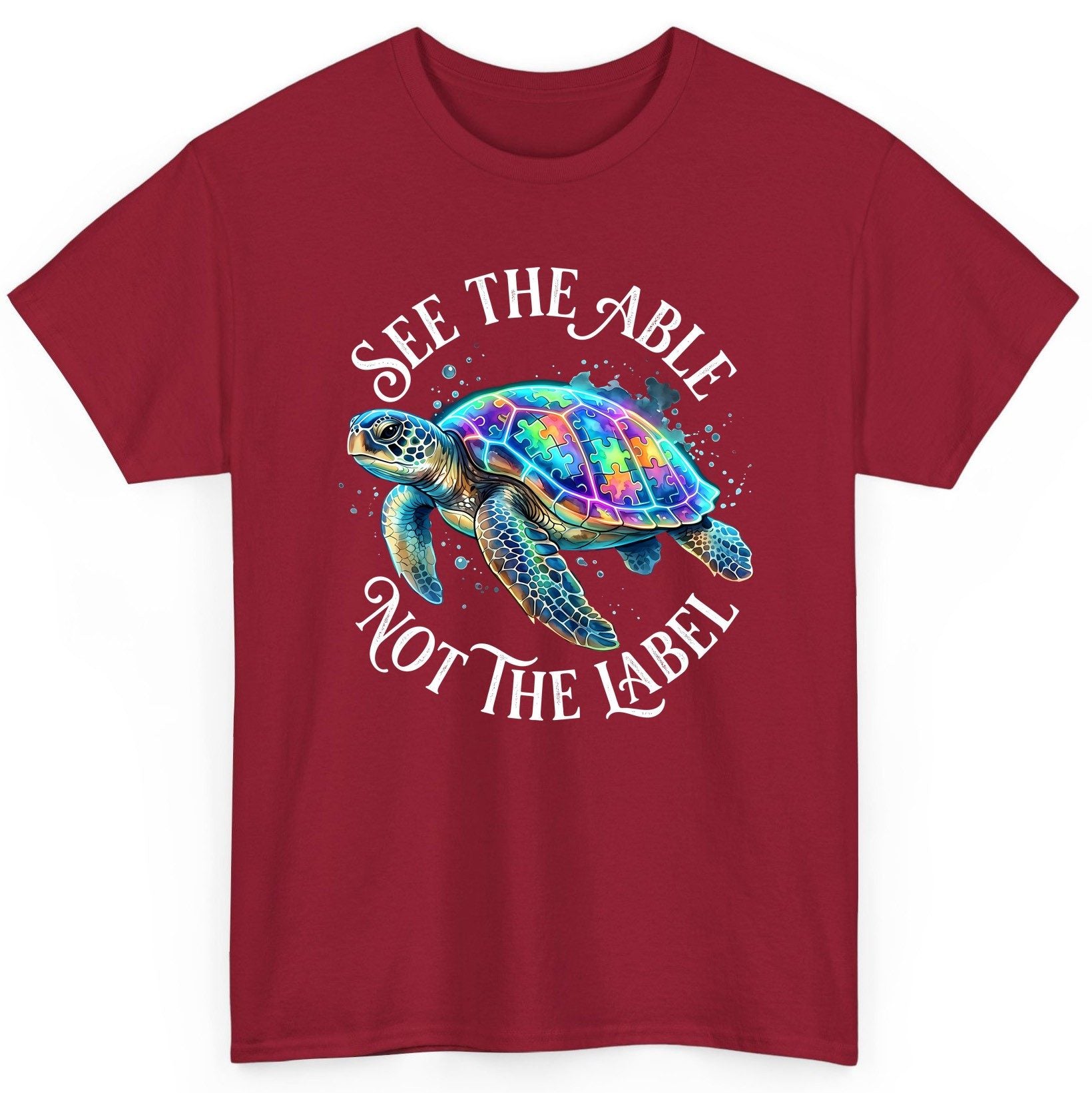 See the Able Not the Label Autism Awareness T-Shirt - product mockup - Cardinal Red