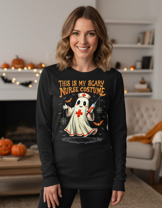 This Is My Scary Nurse Costume Halloween ghost nurse Long Sleeve Tee Black lifestyle mockup